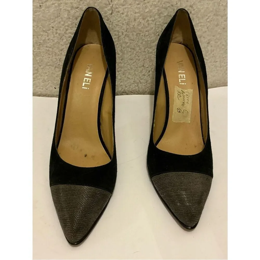 Vaneli Black Suede Pointed Toe Pumps with Metallic Cap Toe 7.5M